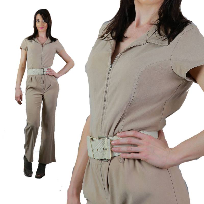 Beige Reißverschluss Jumpsuit M Medium Vintage 1980S Ultra-Wildleder-Rulleleder-Kurzschlauchspielanzug Beige Reißverschluss Jumpsuit M Medium Vintage 1980S Ultra-Wildleder-Rulleleder-Kurzschlauchspielanzug von SHABBYBABE