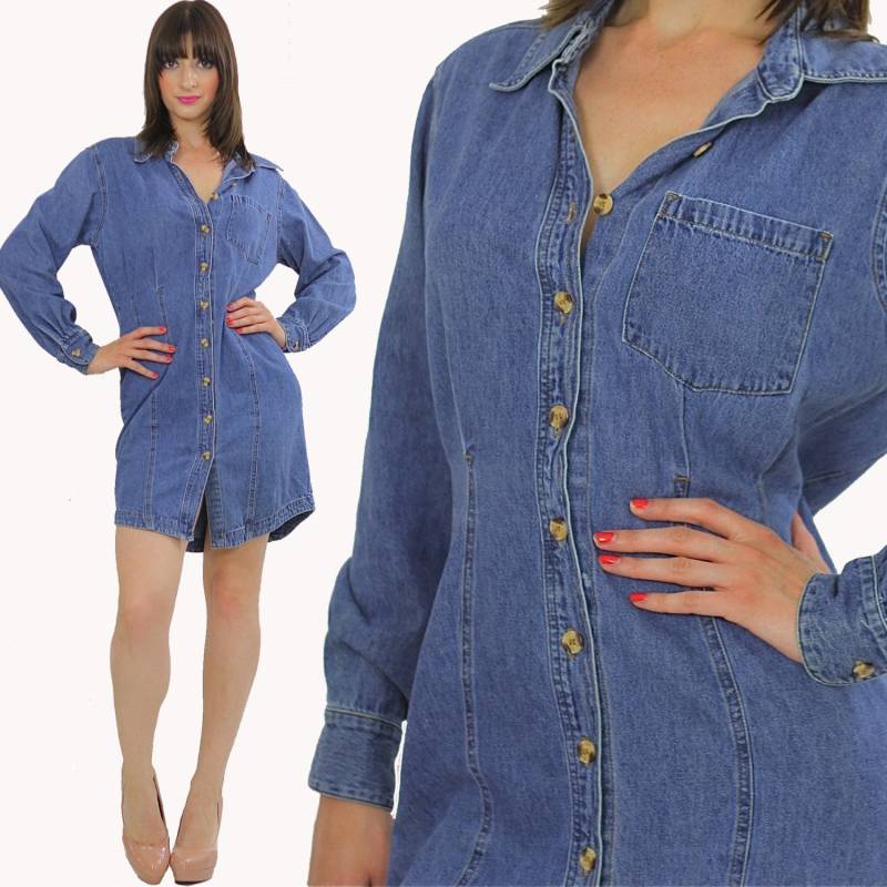 Bill Blass Jeans Kleid 80Er Jahre Hemdblusenkleid Mini Jean Grunge Vintage 1980S Boho Button Up Long Sleeve Tunika L Large von SHABBYBABE
