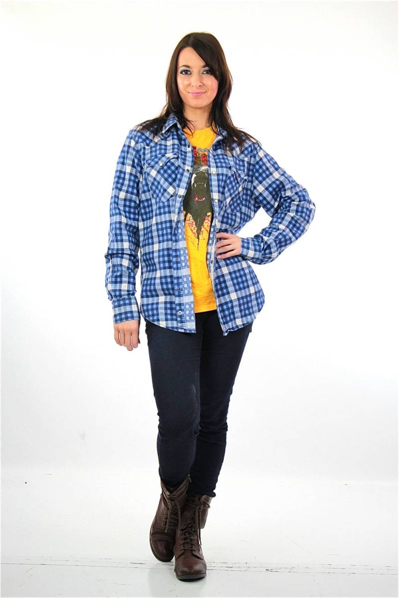 Blaues Flanellhemd Langarm Button Down Vintage 1990S Grunge Blau Weiß Karierter Holzfäller Unisex Medium von SHABBYBABE