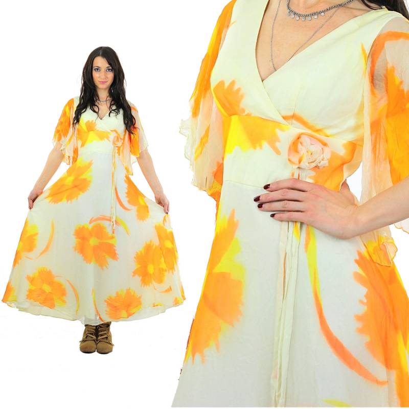 Boho Kleid Schiere Blumen Reich Taille Flatter Ärmel Vintage 70Er Jahre Gelb Abstrakte Sonnenkleid Festival Maxi M Medium von SHABBYBABE