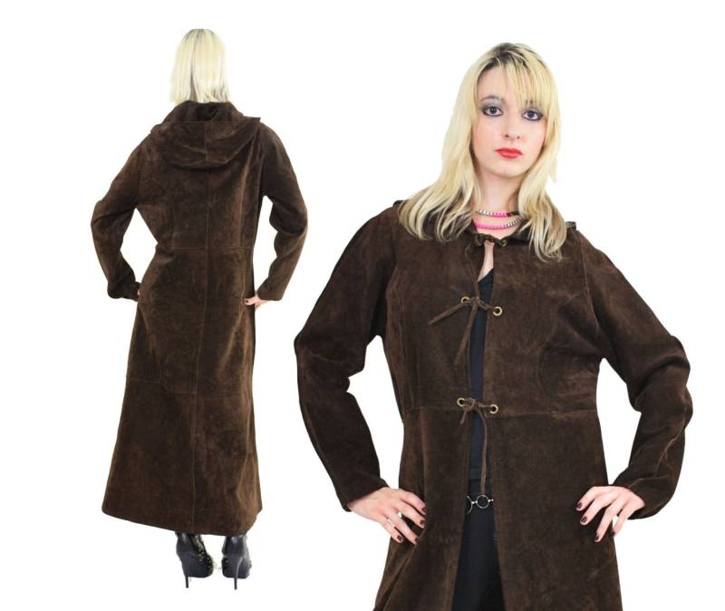 Braune Wildleder Mantel Kapuze Goth Steampunk Vintage 70Er Jahre Boho Hippie Maxi Lange Jacke Krawatte Vorne Medium Large M L von SHABBYBABE