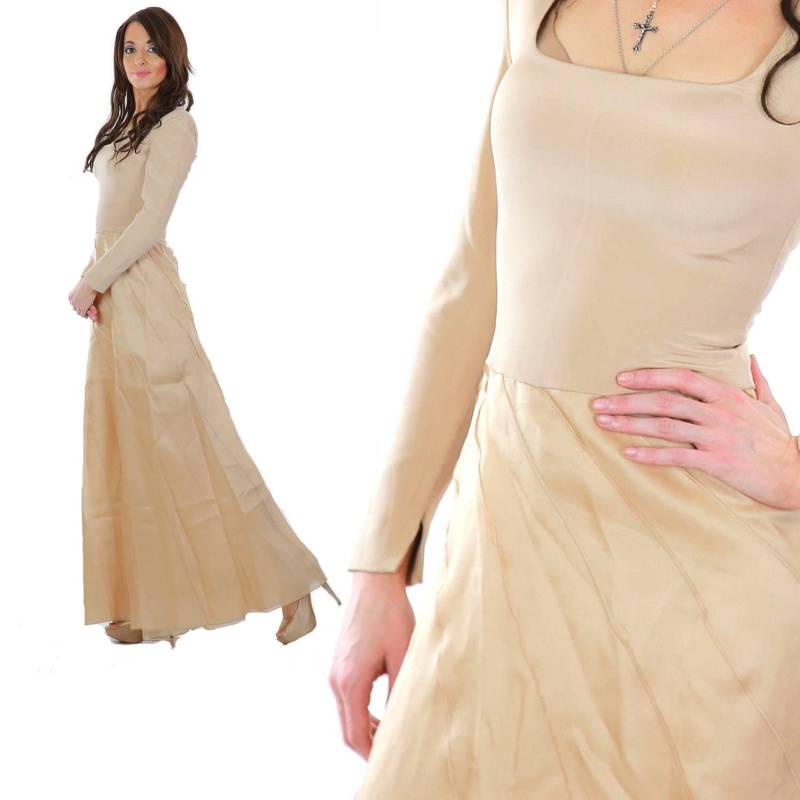 Champagner Partykleid Volllang Gestaffelt Seide Braut Abendkleid Vintage 90Er Beige M Medium von SHABBYBABE
