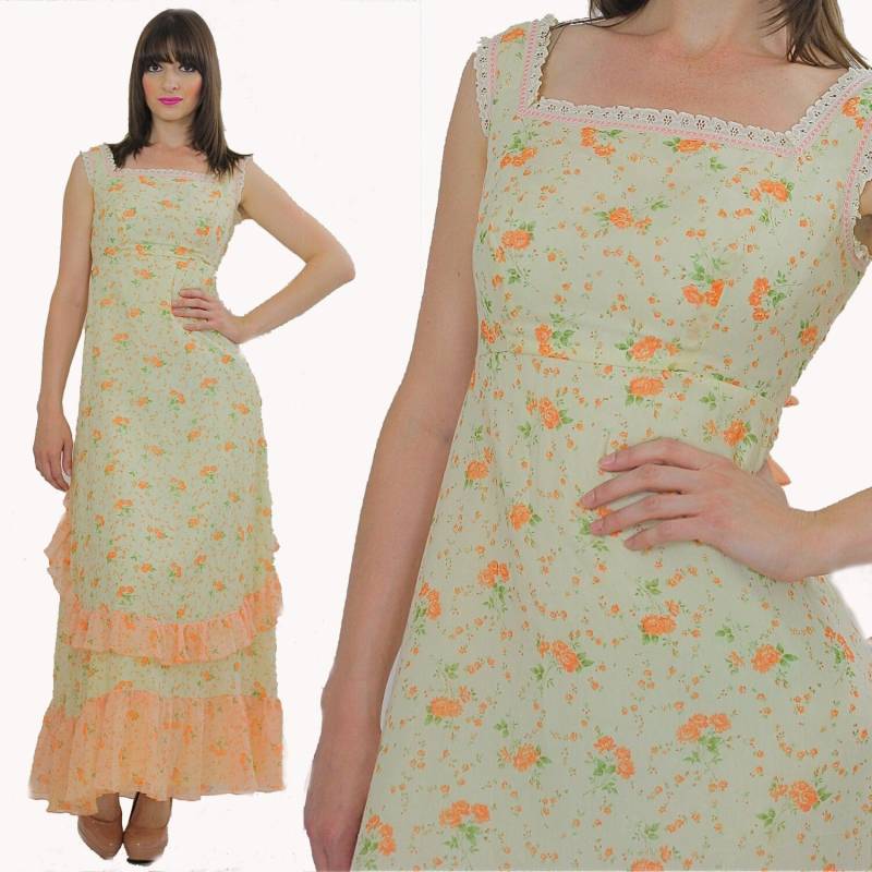 Cottagecore Kleid 70Er Jahre Prärie Bauer Schiere Blumen Party Maxi Länge Small von SHABBYBABE