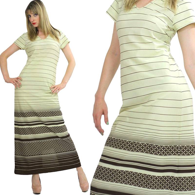 Gestreifte Mod Maxi Kleid Vintage 70Er Jahre-Hippie Boho Op Art T-Shirt Kurze Ärmel Crene Braun Geometrisch M Medium von SHABBYBABE