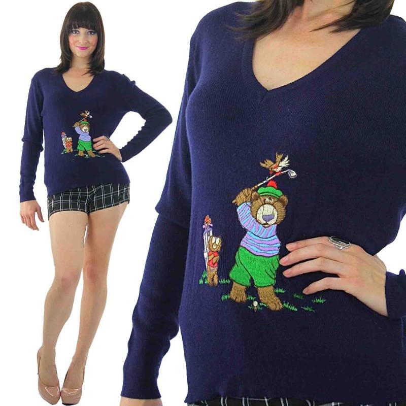 Golf Pullover Vintage 80Er Navy Blau Retro Teddybär Print Medium von SHABBYBABE