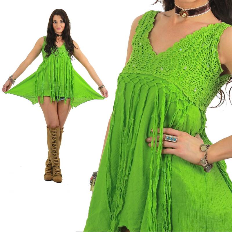 Grünes Gehäkeltes Kleid Fransen Hoch Tailliert Deep V Shift Taschentuch Baumwolle Sonnenkleid Boho Vintage Sommer Grecian Small Medium von SHABBYBABE