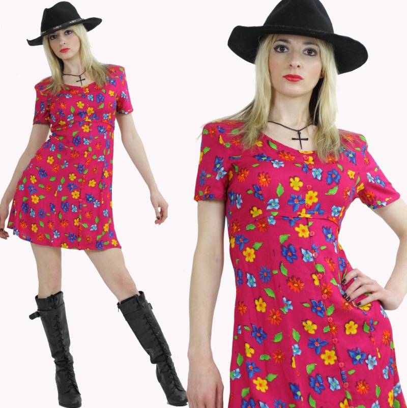 Grunge Kleid 90Er Jahre Rosa Blütenprint Babydoll Button Down Small von SHABBYBABE