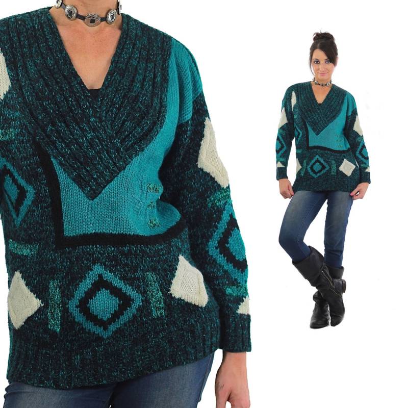 Hipster Pullover Deep V Gerippter Abstrakter Grün Schwarz Farbblock 1980Er Slouchy Vintage Oversize Strick L Groß von SHABBYBABE