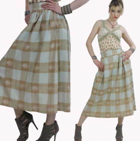 Jahrgang 70S Boho Hippie Aqua Große Plaid Prairie High Taille Maxi Dress Skirt von SHABBYBABE