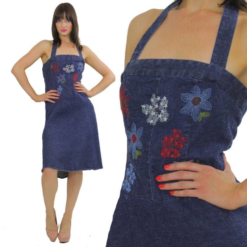 Jeans Kleid 90Er Grunge Besticktes Boho Festival Sonnenkleid Babypuppe Blau Jeanskleid M Medium von SHABBYBABE
