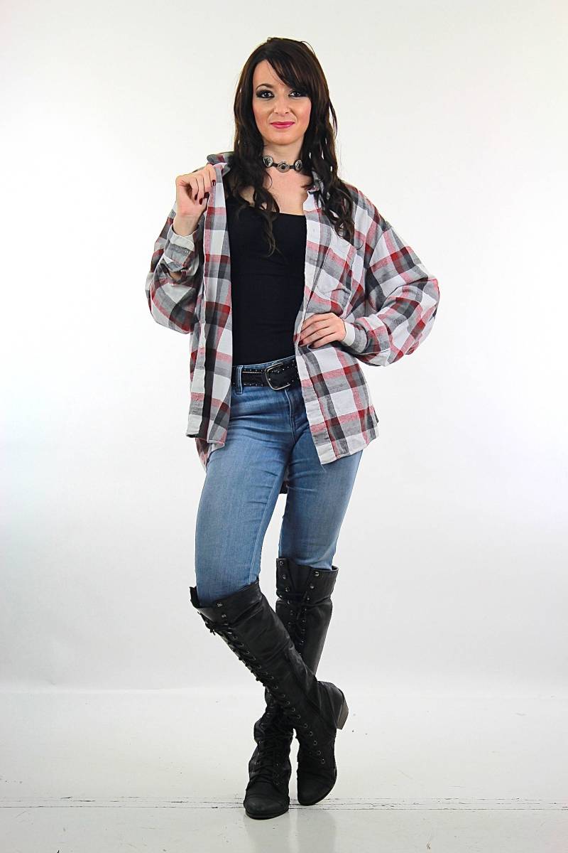 Kariertes Flanellhemd Rot Weiß Langarm Button Down Holzfäller Hipster Unisex Extra Large von SHABBYBABE