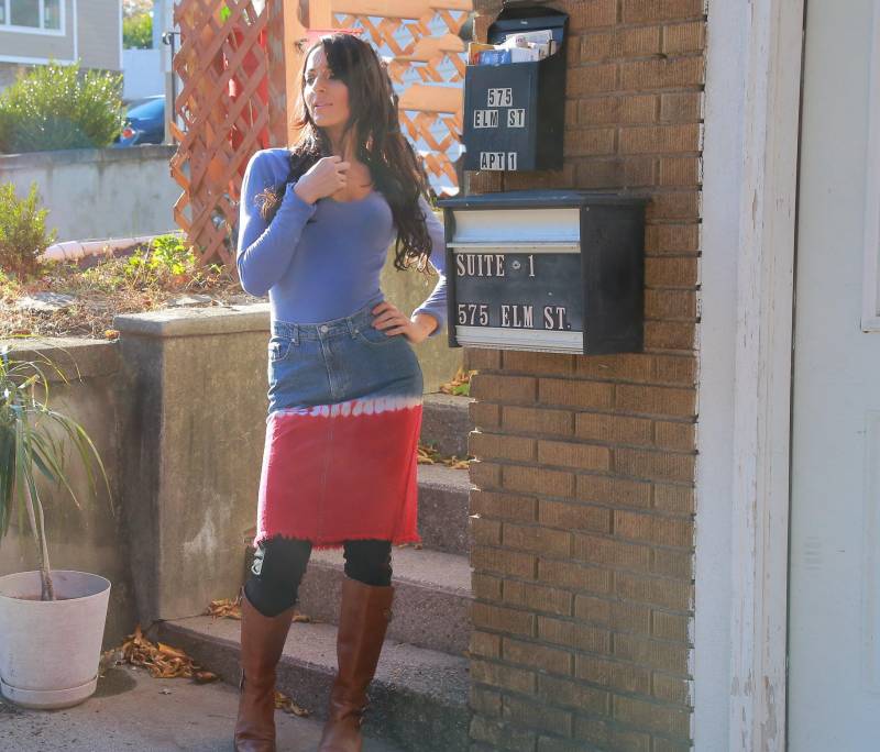 Krawattenrock-Rot-Weiß-Blauer Denim Boho Hippie Blue Jean Mini Rock M von SHABBYBABE