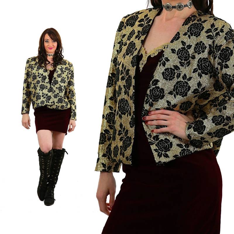 Metallic Floral Jacke Gold Glitzer Oversized Slouchy Blazer Vintage 1980Er Jahre Medium von SHABBYBABE