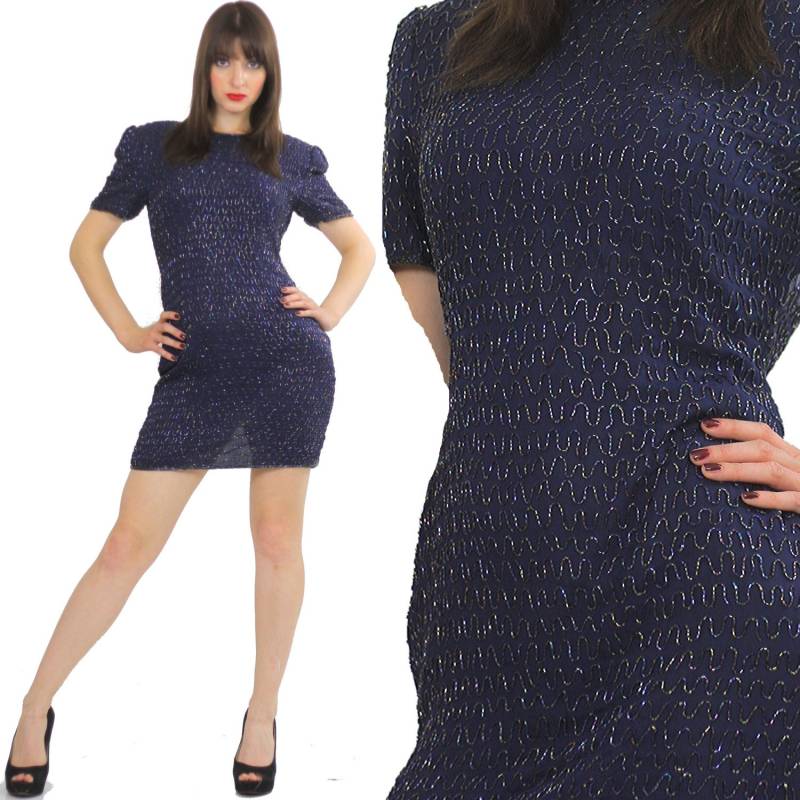 Pailletten Sie Perlen Kleid Navy Blau Vintage 80Er Jahre Kleinen Schwarzen Cocktail-Party Mod Retro Kurzarm Wackeln Klein von SHABBYBABE