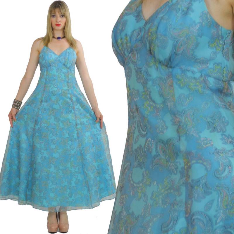 Paisley Boho Kleid Vintage 70Er Hippie Festivalkleid Pur Empire Cocktail Partykleid Spaghettiband S Klein von SHABBYBABE