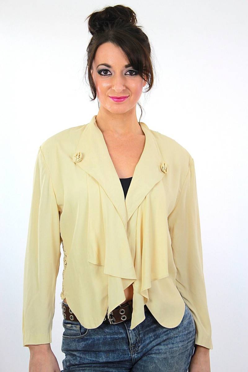 Schiere Spitze Jacke Vintage 1970Er Jahre Boho Hippie Edwardian Tiefes V Volant Rüschen Langarm Top Medium von SHABBYBABE