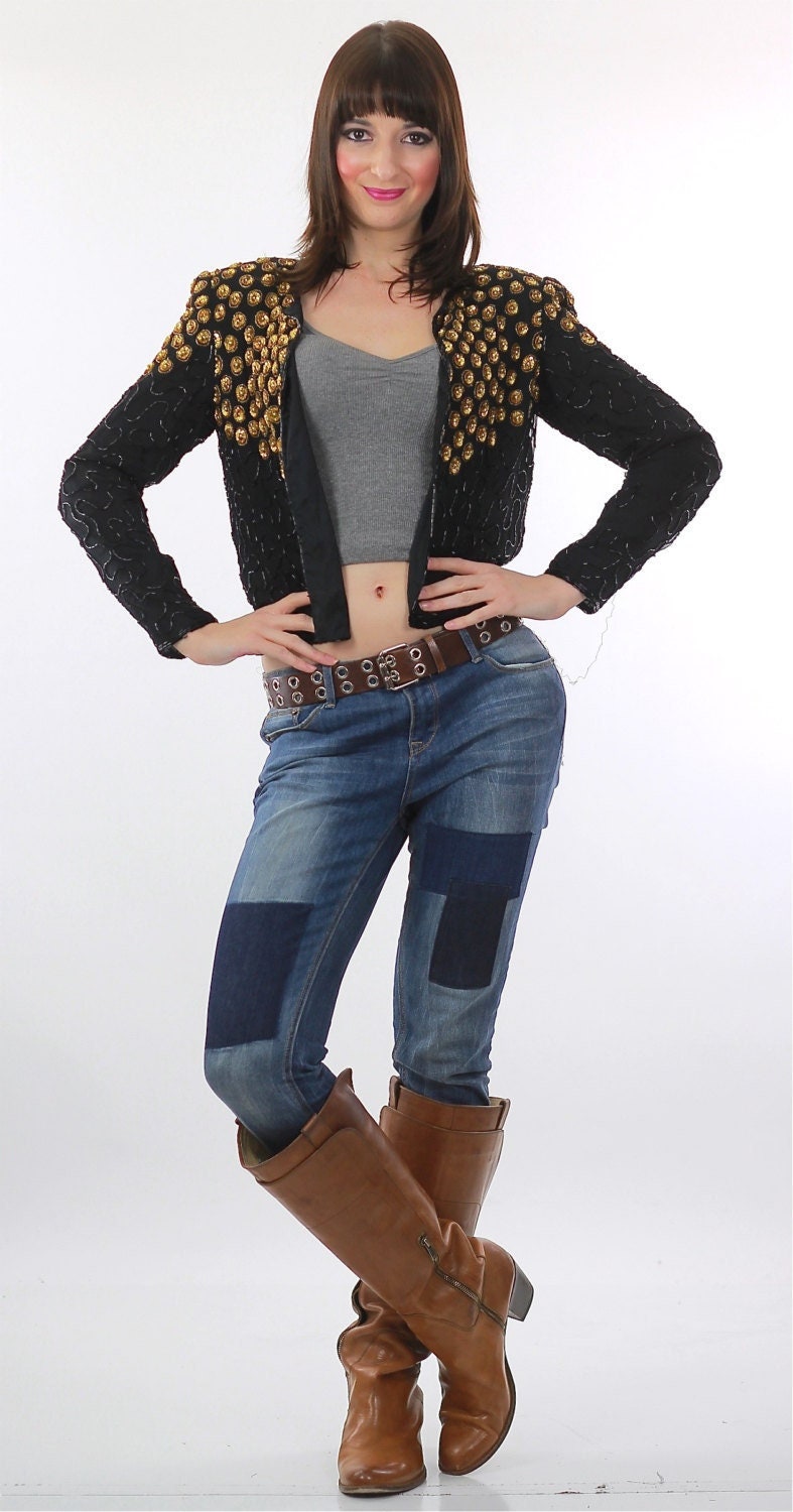 Schwarze Pailletten Jacke Vintage 80Er Gold Metallic Abend Cocktailparty Deko Seidentop S Schwarze Pailletten Jacke Vintage 80Er Gold Metallic Abend Cocktailparty Deko Seidentop S von SHABBYBABE