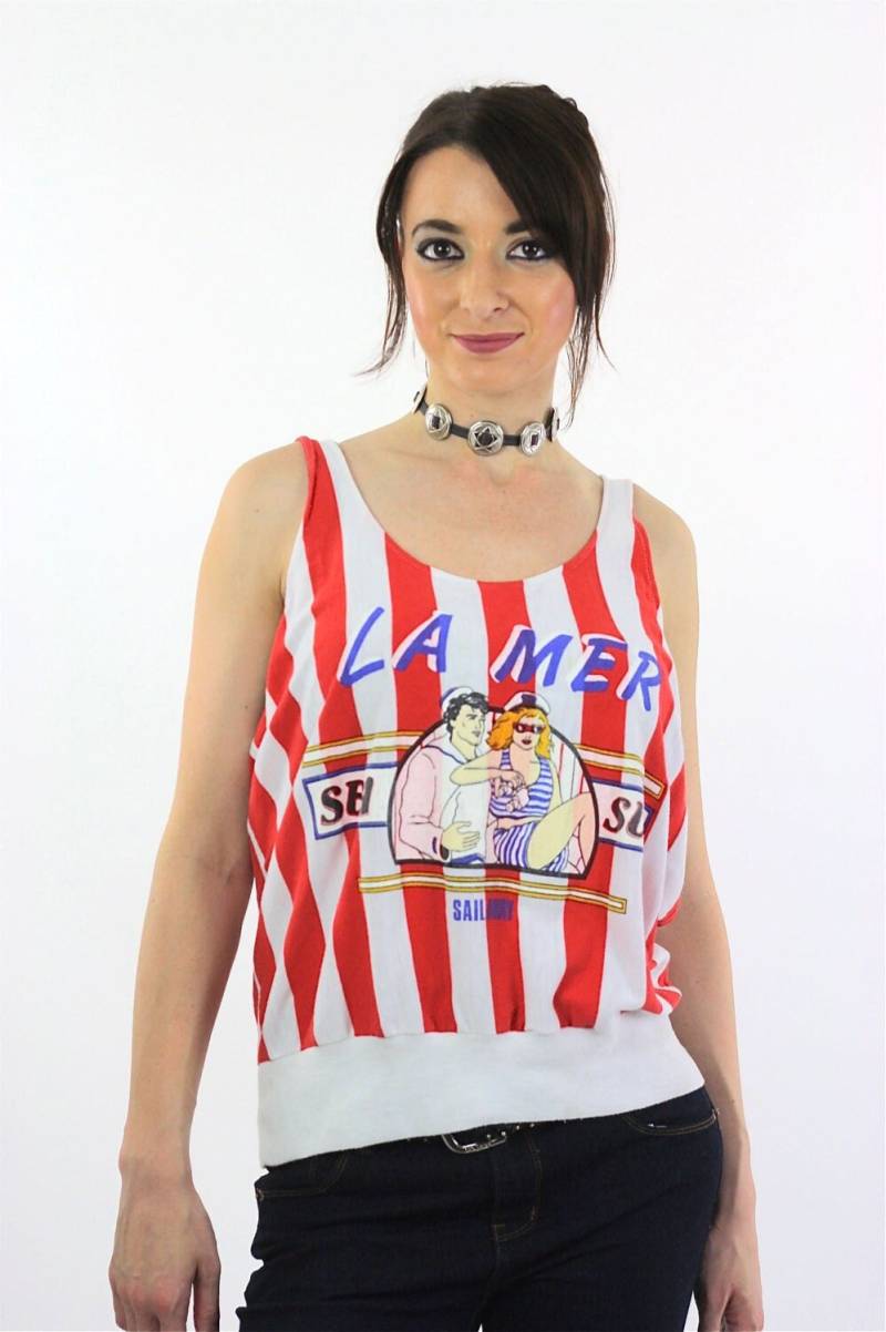 Segeln Shirt Rot Weiß Streifen Nautical La Mer Tank Top Sea Tshirt Sun Slouchy Retro Rundhalsausschnitt Ärmellos Medium von SHABBYBABE