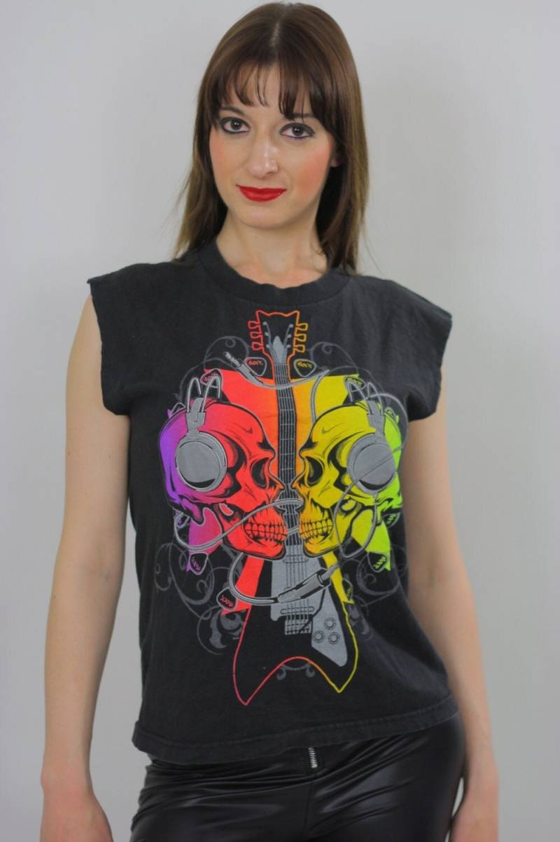 Skull Shirt Gitarre Print Neon Gelb Rot Rocker Schwarz T Festival Ärmelloses Tank Top Extra Large von SHABBYBABE