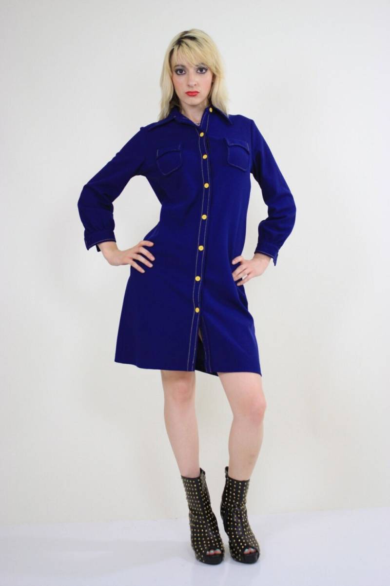 Vintage 60Er Jahre Mod Kleid Navy Blau Hemdkleid Retro Langarm M von SHABBYBABE