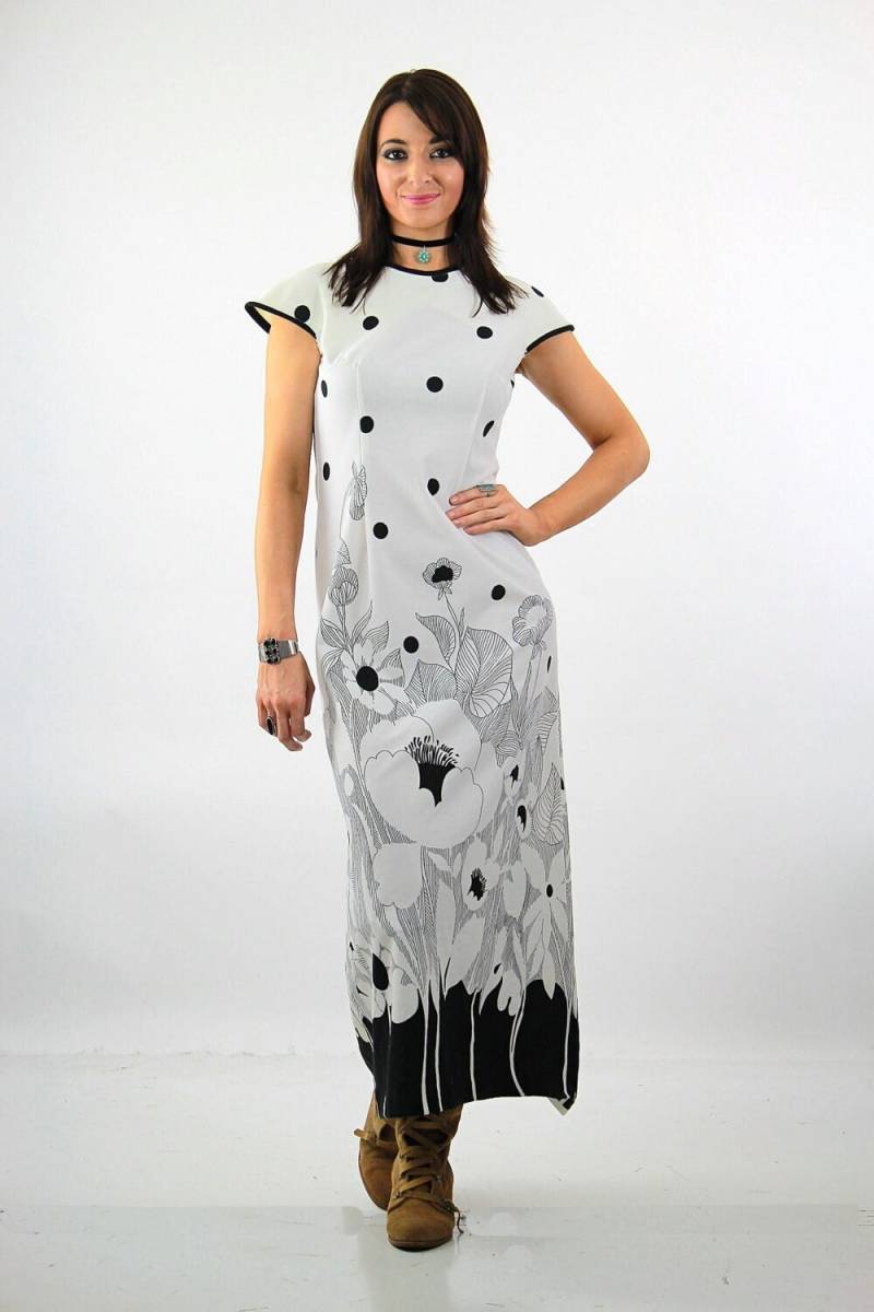 Vintage 70Er Jahre Kleid Formelle Weiße Boho Borte Print Medium von SHABBYBABE