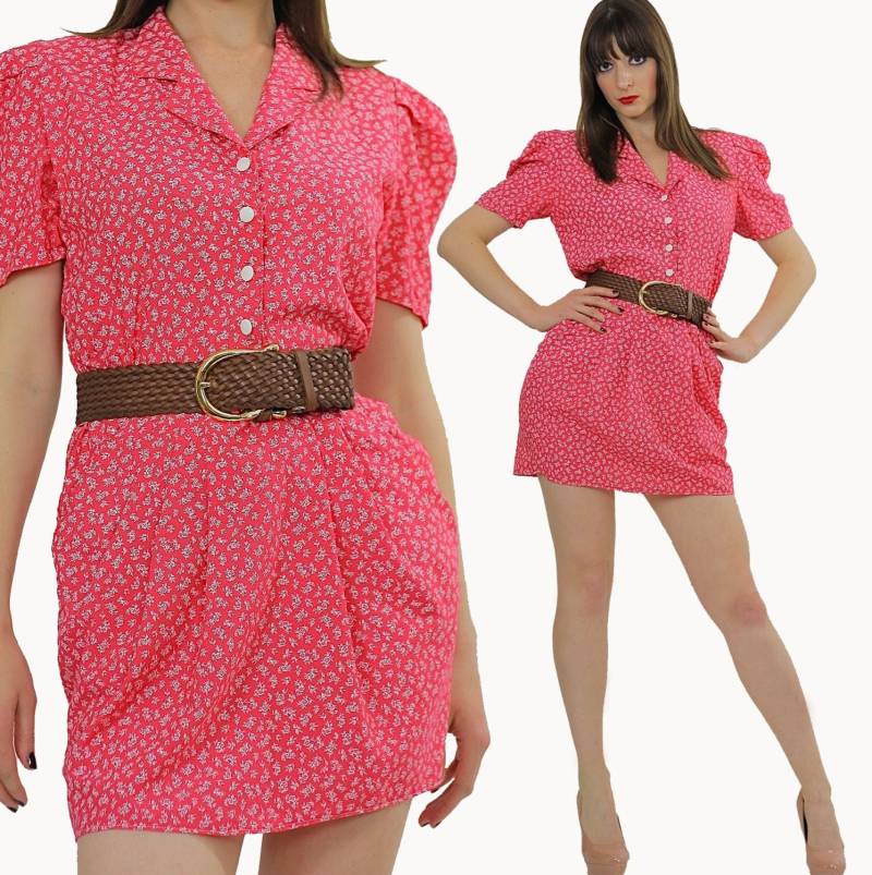 Vintage 70Er Jahre Kleid Mit Rotem Blumen Print Und Knöpfen Medium von SHABBYBABE