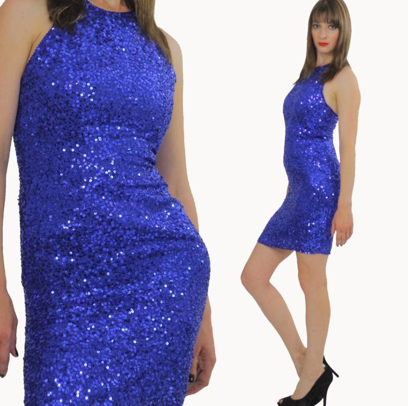 Vintage 80Er Boho Blau Pailletten Perlen Deco Gatsby Cocktail Party Mini Kleid von SHABBYBABE