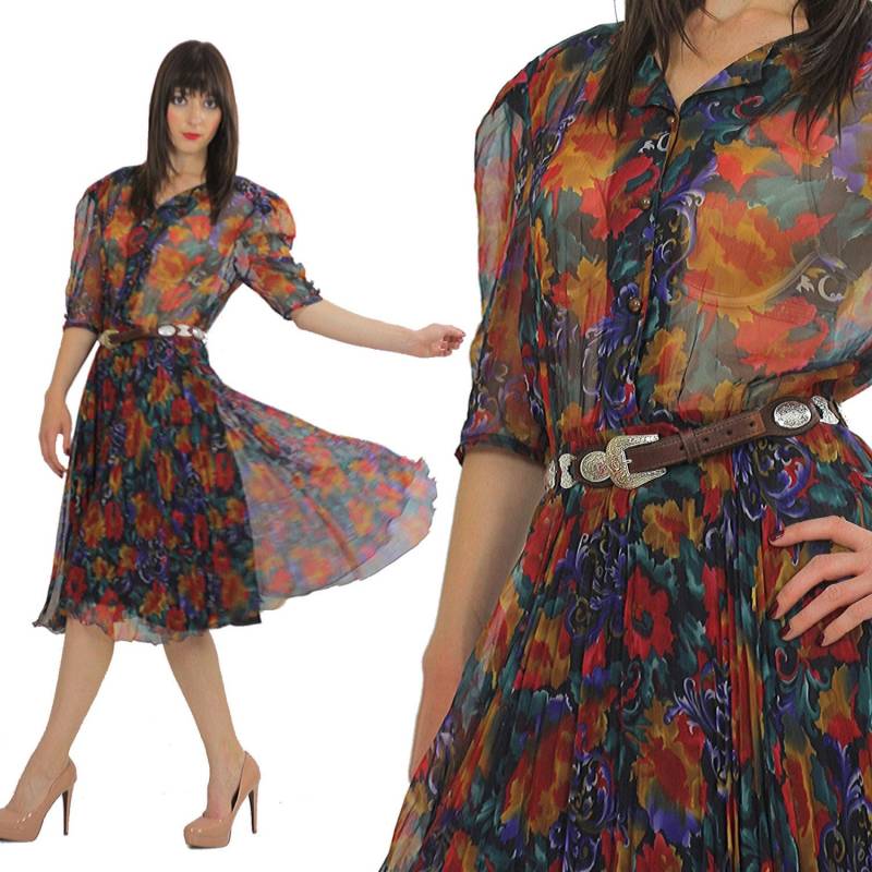 Vintage 80Er Boho Knöpfe Kleid Vollrock Abstrakt Plissee Hohe Taille Bold Floral Print M von SHABBYBABE