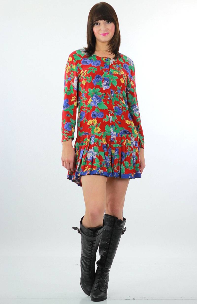 Vintage 90Er Jahre Floral Kleid Grunge Rote Lange Ärmel Button Up Boho Festival Size Small von SHABBYBABE