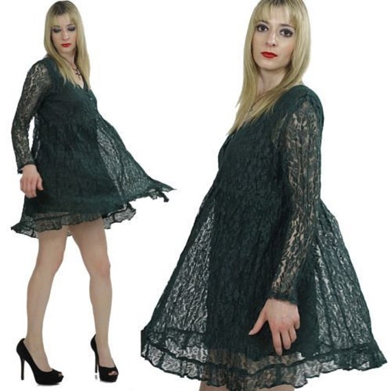 Vintage 90Er Jahre Grunge Gothik Party Minikleid Aus Transparenter Spitze Mit Langen Ärmeln von SHABBYBABE