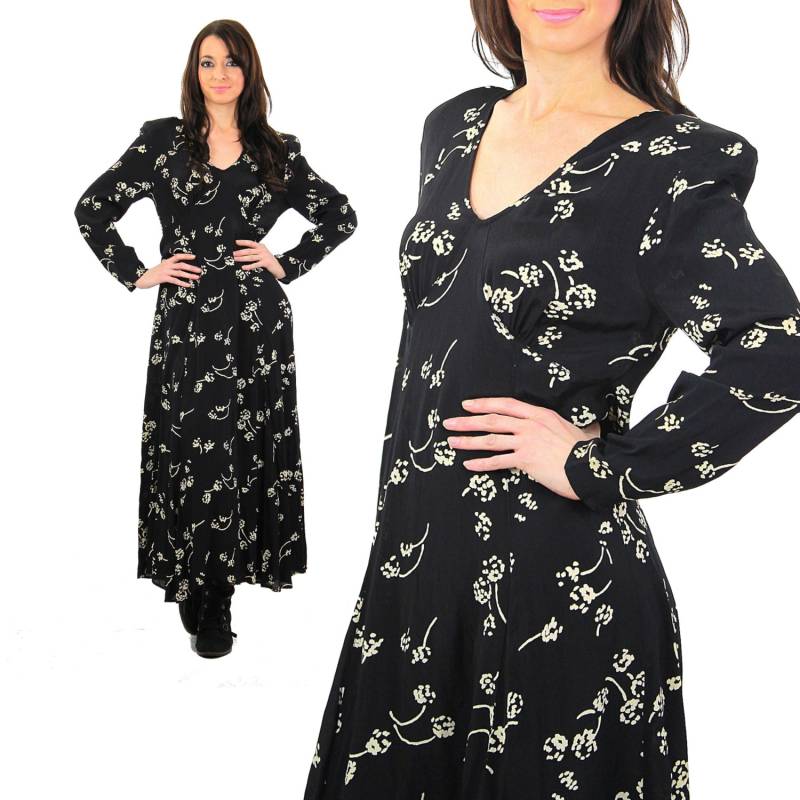 Vintage 90Er Jahre Grunge Maxi Kleid 1990Er Gothic Langarm V Ausschnitt Abstraktes Schwarz Und Weißes Print Goth M Medium von SHABBYBABE