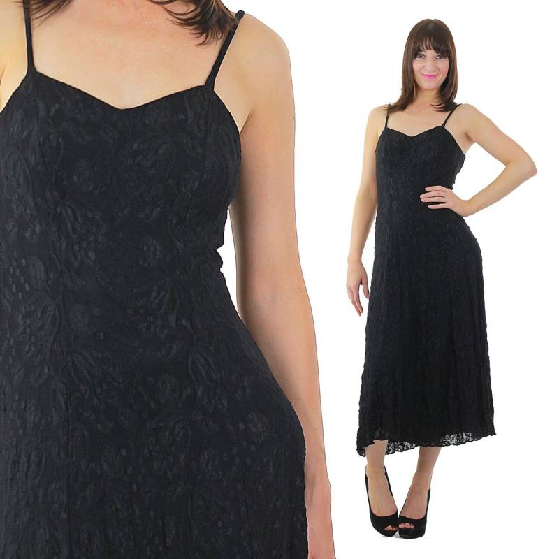 Vintage 90Er Jahre Prom Kleid Schwarz Spitze Floral Formal Cocktail Slip Klein von SHABBYBABE