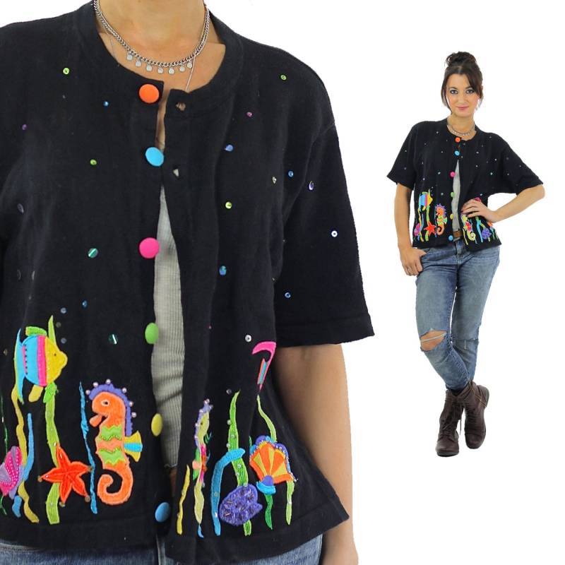 Vintage Regenbogen Pullover Verschönert Applikation Tier Cardigan Large von SHABBYBABE