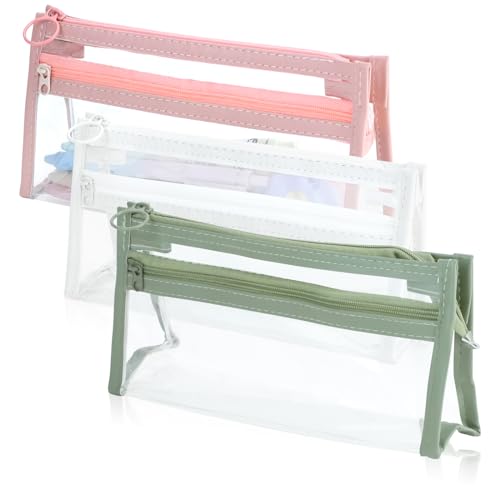 SHAIDOJIO 3 Stück Transparente Federmäppchen, Doppelreißverschluss Mäppchen, PVC Federtasche der Große Kapazität, wasserdichte Dreieckige Pencil Case für Kinder Schule Büro Schreibwaren(3 Farbe) von SHAIDOJIO