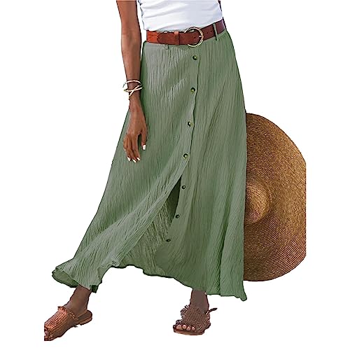 Damen Boho Langer Rock, Damen-Sommer-Maxirock, Weicher, dehnbarer Maxirock, Boho Retro Maxirock, Blumen-Sommerrock, Langer Rock aus Baumwollleinen,Light Green,L von SHAIRMB