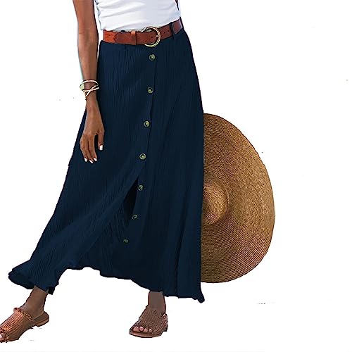 Damen Boho Langer Rock, Damen-Sommer-Maxirock, Weicher, dehnbarer Maxirock, Boho Retro Maxirock, Blumen-Sommerrock, Langer Rock aus Baumwollleinen,Navy Blue,L von SHAIRMB