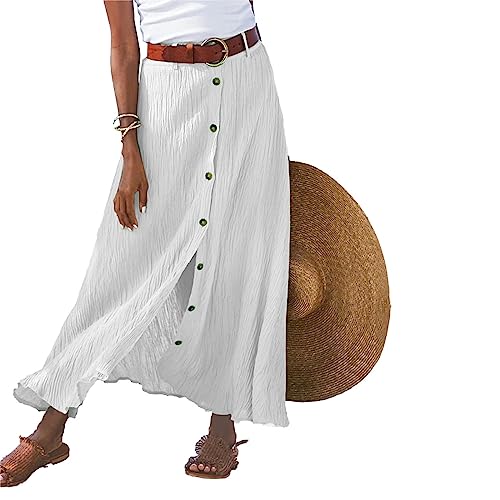 Damen Boho Langer Rock, Damen-Sommer-Maxirock, Weicher, dehnbarer Maxirock, Boho Retro Maxirock, Blumen-Sommerrock, Langer Rock aus Baumwollleinen,Weiß,L von SHAIRMB