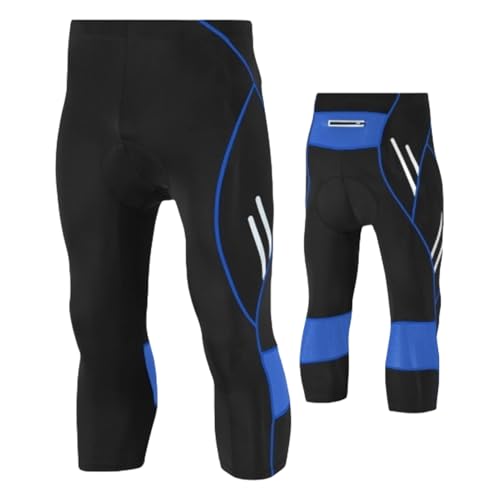 SHAIYOU Herren 3/4 Radhose, 3D Gepolstert, Schnell Trocknend, Atmungsaktiv Mit Reflektierenden Streifen Und Taschen Für Den Straßenradsport (Blau,S) von SHAIYOU
