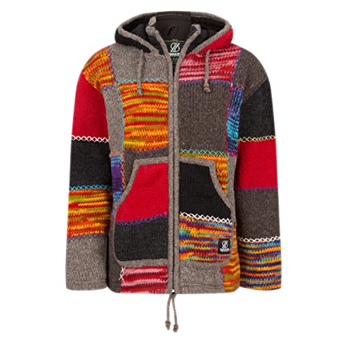 Damen Patchwork Wolljacke - SHAKALOHA - Spitzenqualität Strickjacke in braun und orange Farben mit Strickmuster mit Kapuze -W Patch NH LBrown - fleecegefütterte Nepal Wolljacke. - L von SHAKALOHA LIFE IS FOR LIVING