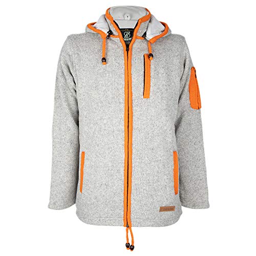 Graue Herrenjacke handgestrickt in mit Orangen Paspeln, Abnehmbarer Kapuze und Fleecefutter, SHAKALOHA M Luxor ZH GreyOrange aus Nepal. Leichter durch Feinstrick. Klassische Wolljacke. NEU! - XXL von SHAKALOHA LIFE IS FOR LIVING