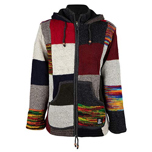 Herren Patchwork Wolljacke mit Kapuze - Männer Patch NH Multi - in fairem Wettbewerb in Nepal hergestellte Strickjacke, 100% Wolle | Fleece Innenfutter | Neplajacke | Handmade | Bunte Farben - 3XL von SHAKALOHA LIFE IS FOR LIVING