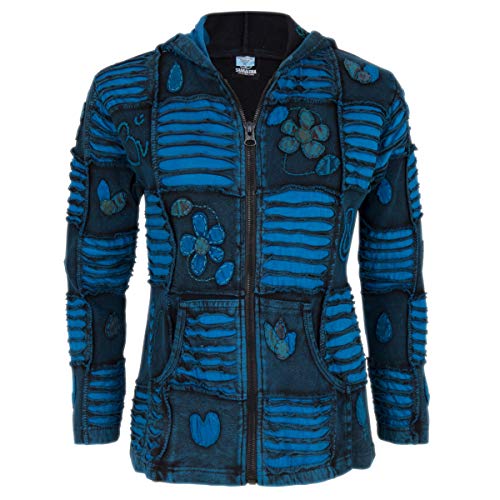 Kapuzenpulli Patchwork Damen Jacke Blau Säurewäsche aus Baumwolle - ungefüttert. SHAKALOHA Madzz Blue. YKK Reißverschluß, mit handgenähten Blümen Stickerei. Made in Nepal. Hinmalaya Jacke - M von SHAKALOHA LIFE IS FOR LIVING