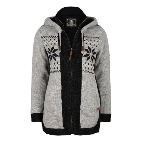 Kurze Damenstrickjack aus Schafswolle in Grau/Anthrazit mit Norwegermuster, Kapuzenwolljacke Abnehmbarer Kapuze, Fleecefutter, Winterwolljacke, Kapuzenwolljacke für Frauen- SHAKALOHA Jigsaw. - L von SHAKALOHA LIFE IS FOR LIVING
