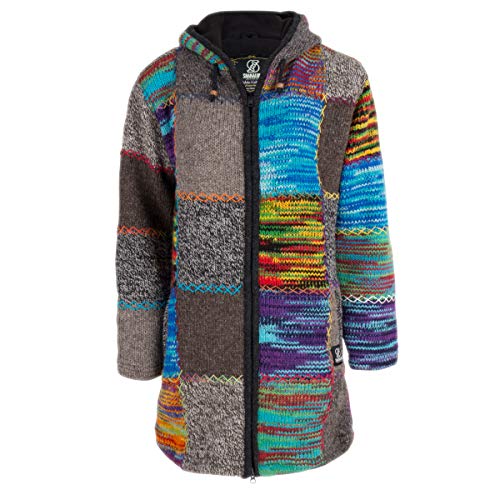 Lange Damen Wollmantel Patch Mehrfarbige Strickjacke mit Kapuze - SHAKALOHA - W Longpatch MixMulti fleecegefütterter Mantel - im fairen Wettbewerb in Nepal hergestellte Wolljacke.Warm! - L von SHAKALOHA LIFE IS FOR LIVING