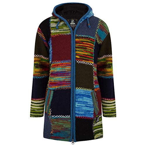 Lange Wollmantel Patch Strickjacke mit Kapuze - SHAKALOHA - W Longpatch Multi Blau Rot Mantel für Damen - im fairen Wettbewerb in Nepal hergestellte Wolljacke mit fleecegefütterter Kapuze. - M von SHAKALOHA LIFE IS FOR LIVING