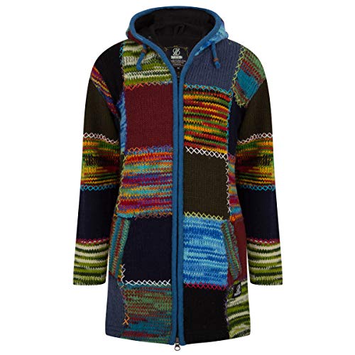 Lange Wollmantel Patch Strickjacke mit Kapuze - SHAKALOHA - W Longpatch Multi Blau Rot Mantel für Damen - im fairen Wettbewerb in Nepal hergestellte Wolljacke mit fleecegefütterter Kapuze. - XL von SHAKALOHA LIFE IS FOR LIVING