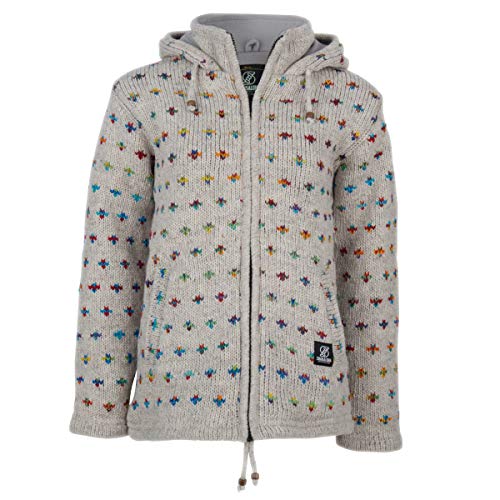 Originelle Spitzenqualität Strickjacke - W Flake GreyMulti für Damen, in Nepal hergestellte fleecegefütterte Wolljacke mit fester Kapuze und Stehkragen, mit Seitentaschen. - XL von SHAKALOHA LIFE IS FOR LIVING
