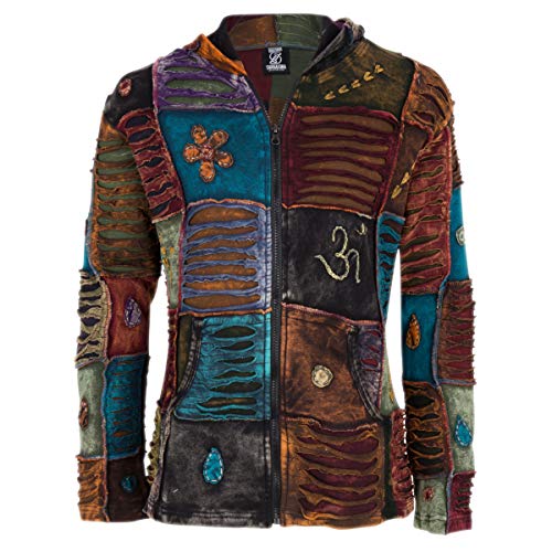 Patchwork Damen Kapuzenpulli Jacke Säurewäsche in bunten verwaschen Farben aus Baumwolle - ungefüttert. SHAKALOHA Madzz Multi. YKK Reißverschluß, mit genähten Details/Blümen. Made in Nepal - L von SHAKALOHA LIFE IS FOR LIVING