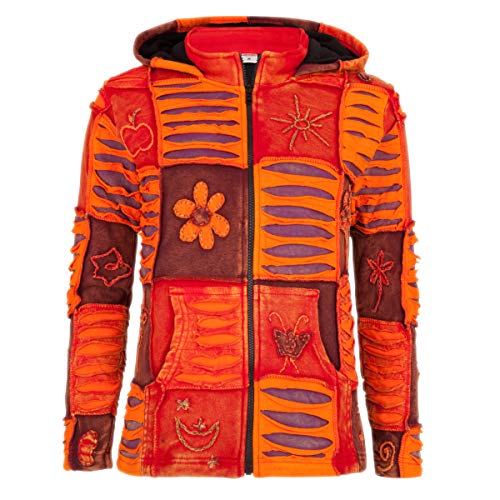 Patchwork Jacke Damen Kapuzenpulli Säurewäsche Rot aus Baumwolle mit Fleece Gefüttert SHAKALOHA Buzz Red. Starker YKK Reißverschluß, mit genähten Details, Flower Power. Handmade in Nepal. - M von SHAKALOHA LIFE IS FOR LIVING