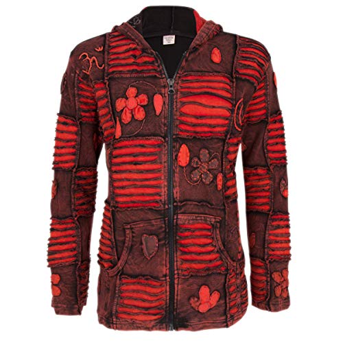 Patchwork Jacke Damen Kapuzenpulli Säurewäsche Rot aus Baumwolle - ungefüttert. SHAKALOHA Madzz Red. YKK Reißverschluß, mit genähten Details/Blümen Stickerei. Made in Nepal. Topqualität. - XL von SHAKALOHA LIFE IS FOR LIVING